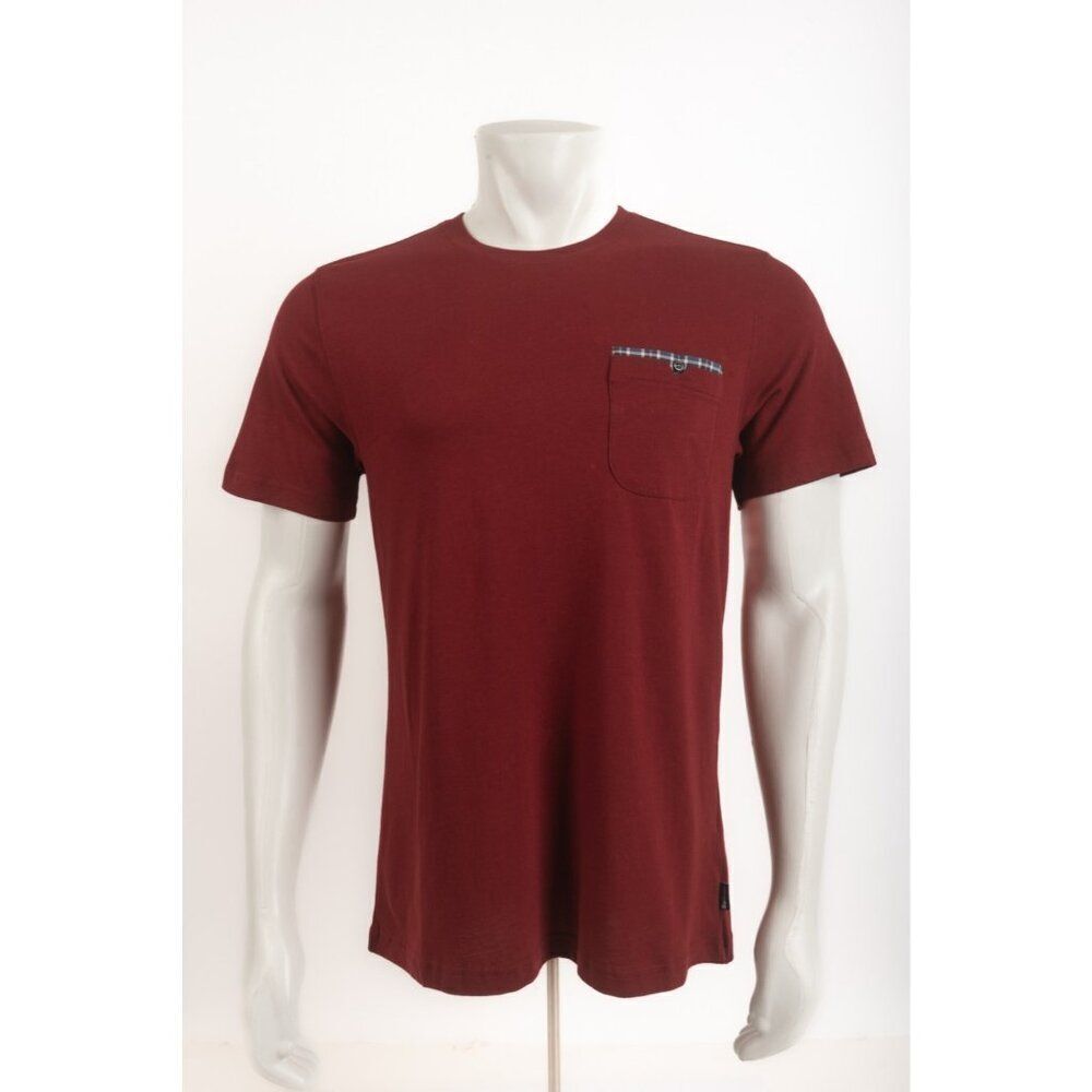 Barbour Mens Tayside T-Shirt Top Size XXL Burgundy Wine Plaid Pocket Trim NWT